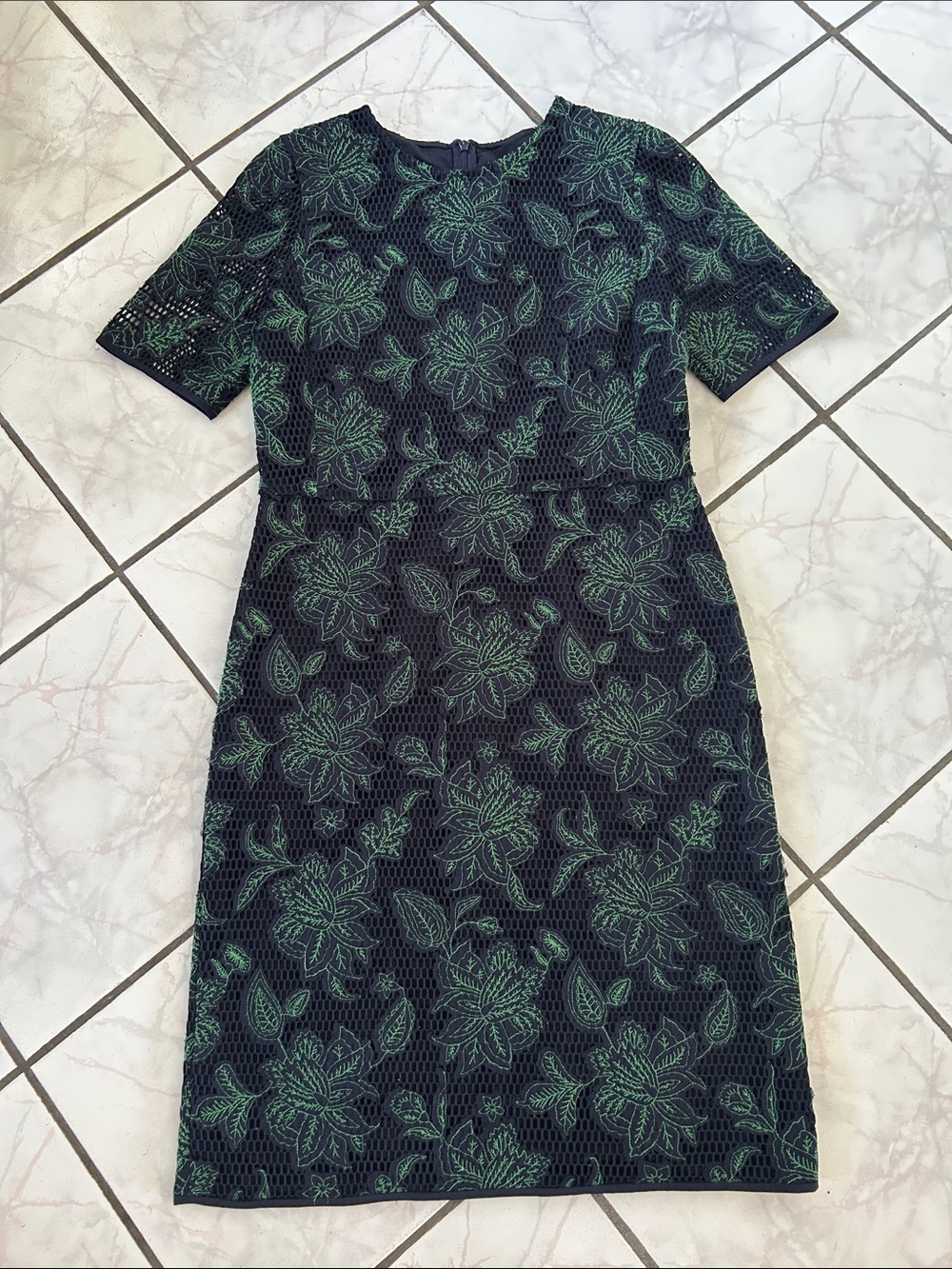 Tory Burch Navy and Green Mesh Fishnet Lace Wisteria Dress